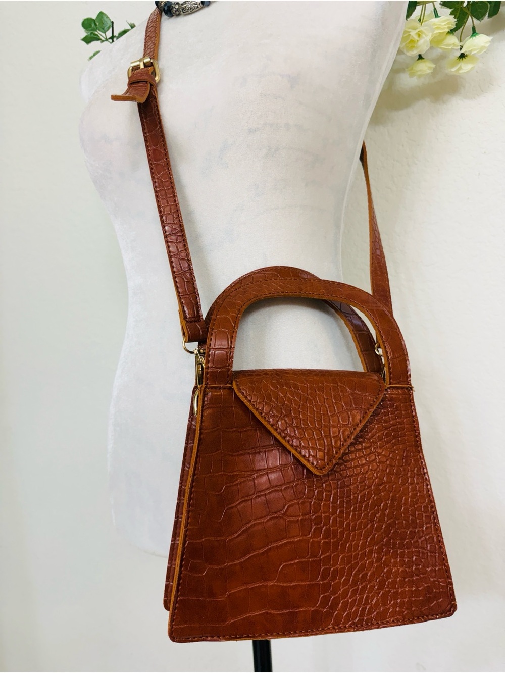 Brown Croc Embossed Mini Top Handle Crossbody Bag Structured Purse